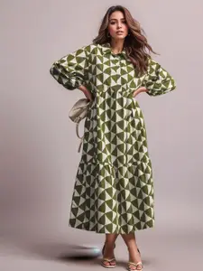 DressBerry Women Geometric Printed Shirt Collar Casual Fit and Flare Dress