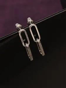 LeCalla Sterling Silver Plated Cubic Zirconia Studded Contemporary Shaped Drop Earrings