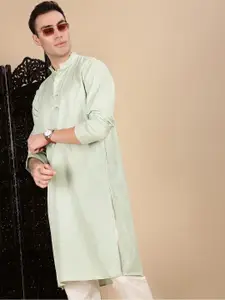 House of Pataudi Textured Mandarin Collar Cotton Straight Kurta