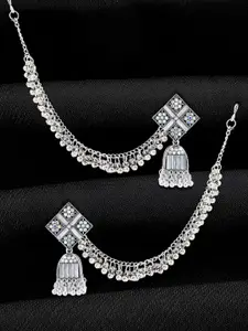 PRIVIU Silver-Plated Oxidised Rhinestone Studded & Beads Beaded Dome Shaped Jhumkas