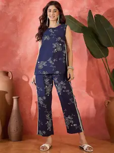 Sangria Floral Printed Pure Cotton Round Neck Top With Trouser Co-Ords