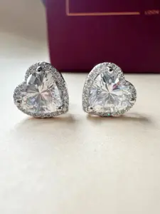 The Jewellery Tale Stainless Steel Silver-Plated Cubic Zirconia Studded Heart Shape Studs
