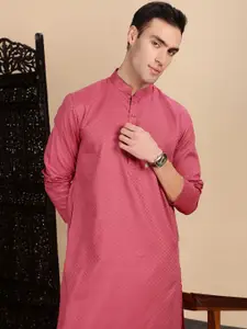 House of Pataudi Textured Mandarin Collar Cotton Straight Kurta