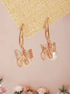 Jazz and Sizzle Rose Gold-Plated Crystal Studded & Pearls Beaded Quirky Drop Earrings