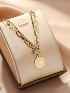 Brijsun Gold-Plated Layered Necklace With Vintage Coin Pendant