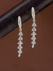 PRIVIU Silver-Plated American Diamond Studded Triangular Drop Earrings