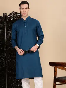 House of Pataudi Woven Design Mandarin Collar Cotton Straight Kurta