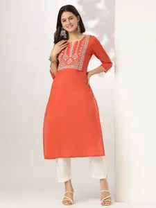 Janasya Women Rust Pure Cotton Yoke Embroidered Straight Kurta