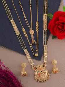 Anouk Women Pack of 3 Gold-Plated Artificial Stones & Beaded Mangalsutra With Earrings