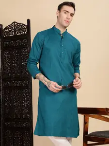 House of Pataudi Textured Cotton Mandarin Collar Straight Kurta