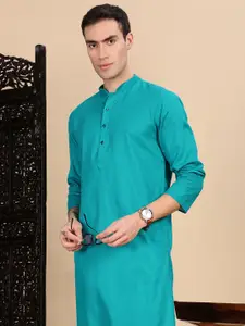 House of Pataudi Textured Mandarin Collar Cotton Straight Kurta