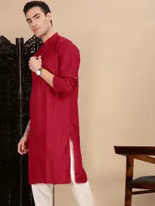 House of Pataudi Textured Cotton Mandarin Collar Straight Kurta