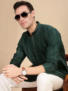 House of Pataudi Stylish Striped Woven Design Mandarin Collar Cotton Straight Kurta