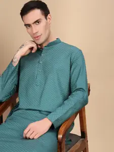 House of Pataudi Textured Mandarin Collar Cotton Straight Kurta