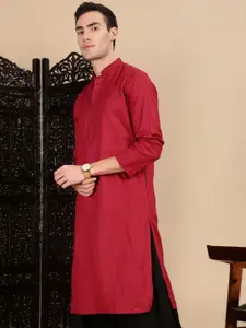 House of Pataudi Textured Mandarin Collar Cotton Straight Kurta