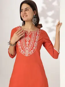 Janasya Women Rust Pure Cotton Yoke Embroidered Straight Kurta