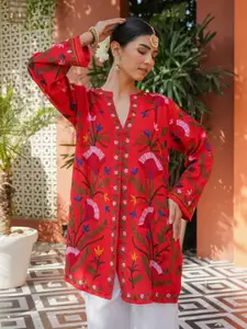 HOUSE OF KARI Women Ethnic Motifs Embroidered Aari Work Cotton A-Line Kurta Jacket