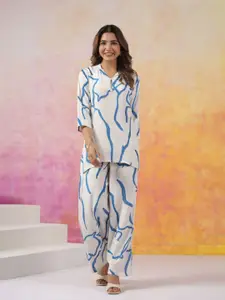 JISORA Women's Blue Printed Silk Top With Trousers Co-Ord Set