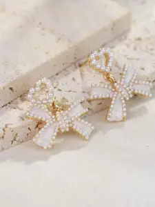 DIVASTRI Korean Gold Plated Artificial Stones Studded & Beaded Contemporary Drop Earrings