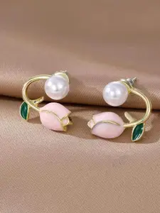 PASU FASHION Korean Gold-Plated Artificial Stone Studded &Pearls Beaded Floral Studs