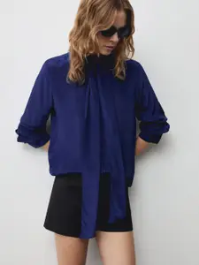 MANGO Women Satin Finish Relaxed Fit Casual Shirt with Tie-Up Detail