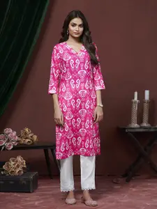 all about you Ethnic Motifs Printed V-Neck Straight Cotton Kurta