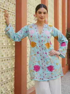 HOUSE OF KARI Women Ethnic Motifs Embroidered Flared Sleeves Cotton A-Line Kurta