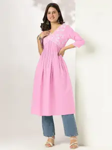 Janasya Women Light Pink Pure Cotton Yoke Embroidered A-line Kurta