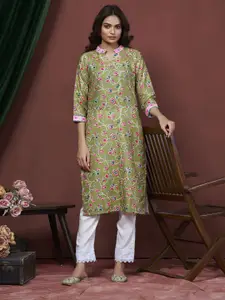 all about you Floral Printed Mandarin Collar Straight Cotton Kurta