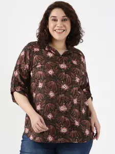 The Pink Moon Women Plus Size Floral Printed Spread Collar Cotton Casual Shirt