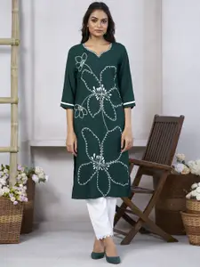 all about you Women Floral Embroidered Thread Work Straight Calf Length Kurta