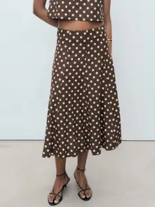 MANGO Polka Dots Printed Mid-Rise Flared Midi Skirt