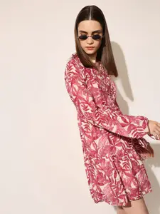 ONLY Women Floral Printed V-Neck Puff Sleeve Ruffled Fit & Flare Mini Dress