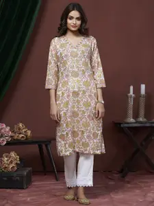 all about you Floral Printed V-Neck Straight Cotton Kurta