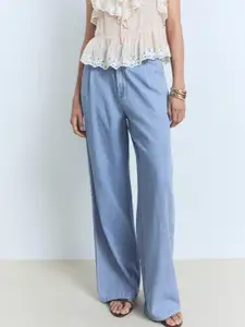 MANGO Women Pleated Mid-Rise Wide Leg Flared Jeans