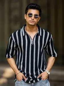 Maniac Striped Polo Collar Drop Shoulder Cotton T-shirt