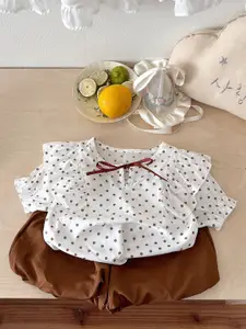 StyleCast x Revolte Girls Tie Up Neck Polka Dots Short Sleeves Pure Cotton Top With Shorts