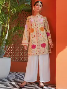 HOUSE OF KARI Women Ethnic Motifs Embroidered Flared Sleeves Cotton A-Line Kurta Jacket