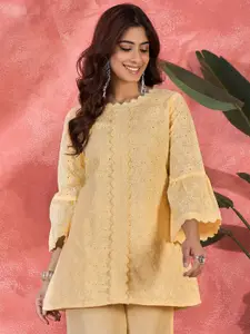 Sangria Floral Embroidered Bell Sleeve Pure Cotton Schiffli Longline Top