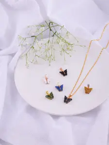 DressBerry Set Of 6 Gold-Plated Artificial Beaded Sparkling Butterfly Pendants With Chain