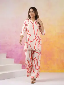 JISORA Women's Red Printed Silk Top With Trousers Co-Ord Set