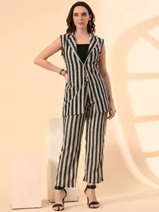 TJ FASHION 3-Pcs Zig-Zag Patterned Mandarin Collared Shrug & Top With Trousers Co-Ords