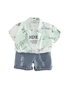 StyleCast x Revolte Boys Printed Shirt Collar Pure Cotton T-shirt & Shirt With Shorts