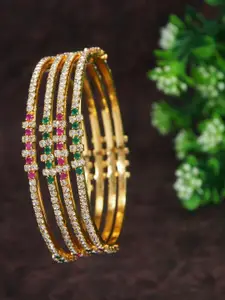SGA FASHION Set Of 4 Gold-Plated American Diamond Stones Studded Bangles