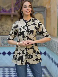 KALINI Floral Print Mandarin Collar Roll-Up Sleeves A-Line Top