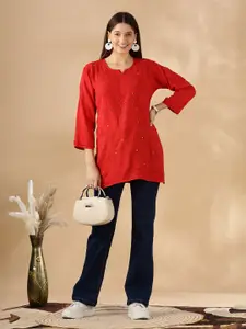 Club Loom Self Design Chikankari Embroidered Cotton Top