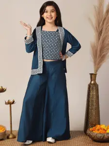 Sangria Girls Embroidered Shoulder Straps Crop Top With Palazzos & Shrug