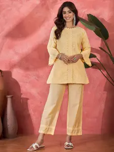 Sangria Schiffli Embroidered Pure Cotton Top & Trousers Co-Ord Set