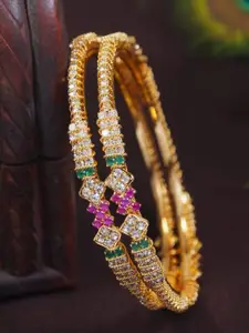 SGA FASHION Set Of 2 Gold-Plated American Diamond Stones Studded Bangles