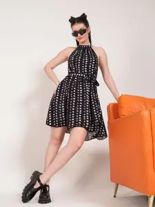 DEEBACO Women Printed Halter Neck A-Line Dress